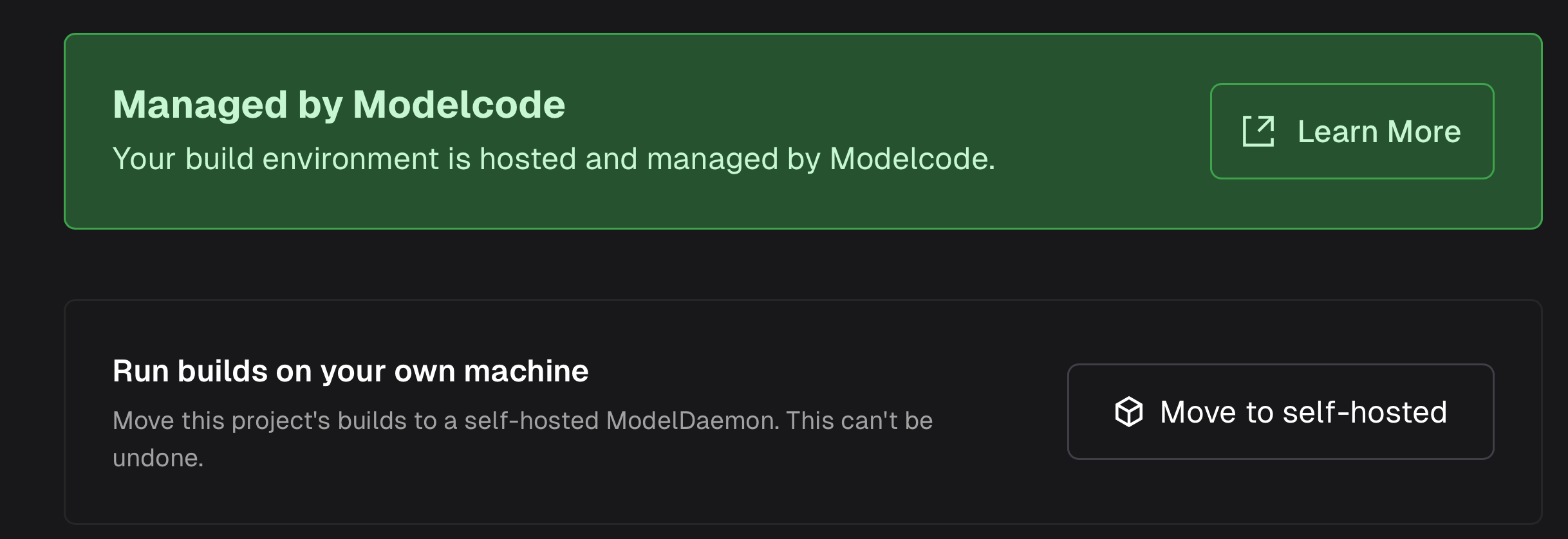 Build environment setup showing the option to move to self-hosted ModelDaemon